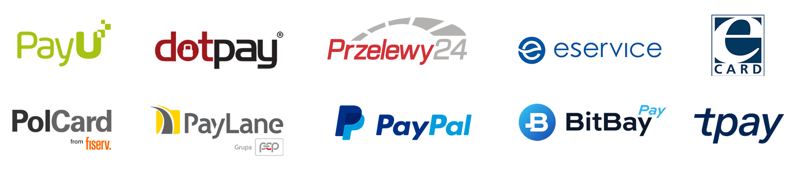 PayU Dotpay Przelewy24 eService eCard Polcard PayLane PayPal BitBayPay tpay